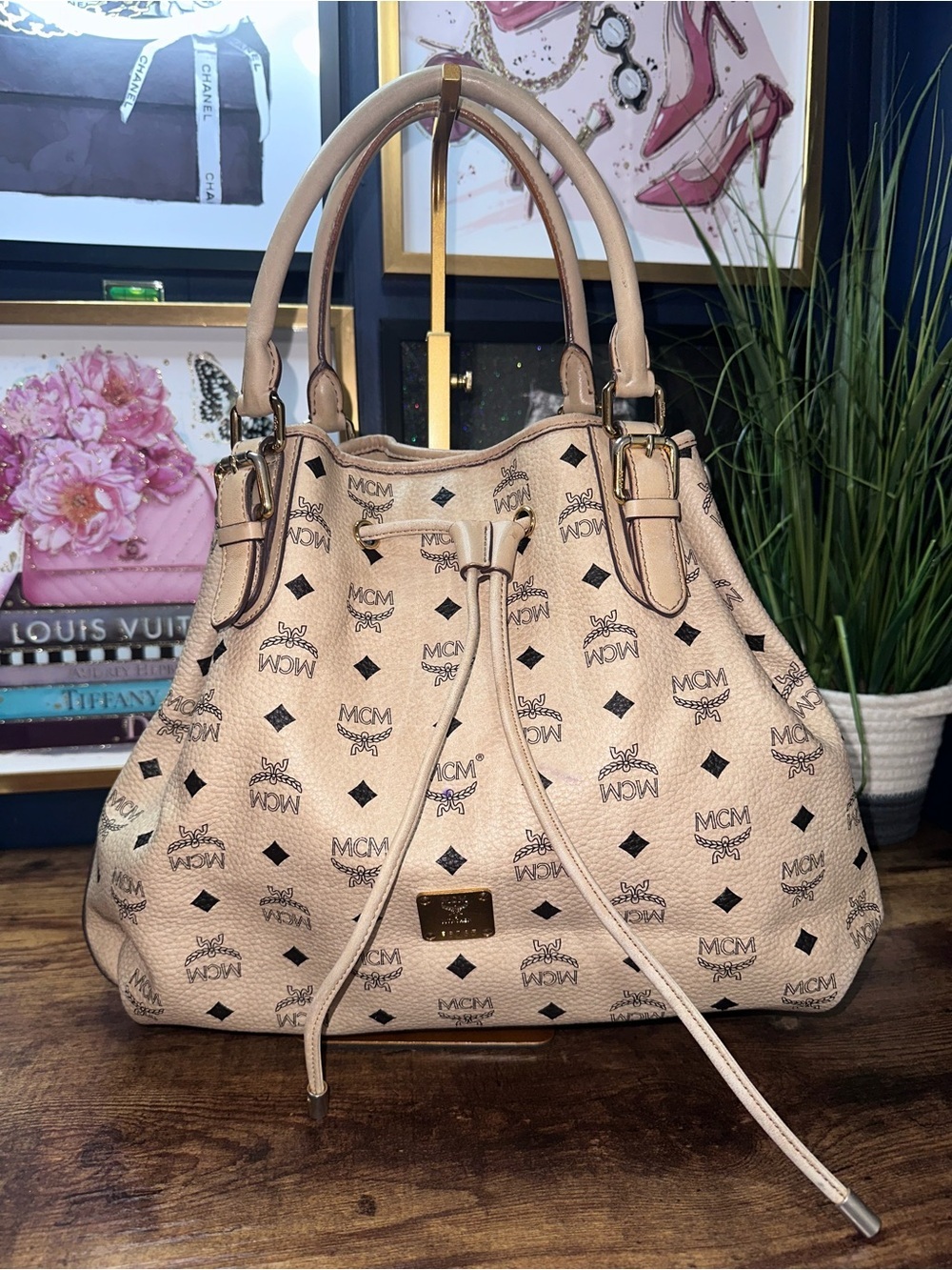 MCM Beige Visetos Drawstring Shoulder Bag with Black Logo Print